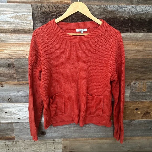 MADEWELL Patch Pocket Pullover Knit Cropped Sweater Dark Orange Red Rust Size M - Picture 2 of 8